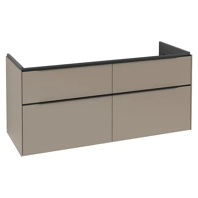 Villeroy & Boch Subway 3.0 Waschbeckenunterschrank - Taupe, Anzahl Schubladen: 4 Stk., Farbe Griff: Volcano Black, B x T x H: 127,2 x 47,8 x 57,6 cm, Mit Beleuchtung, Geeignet für Doppelwaschtisch - Modernes taupefarbenes wandmontiertes Schrankelement mit vier Schubladen und schwarzen integrierten Griffen.