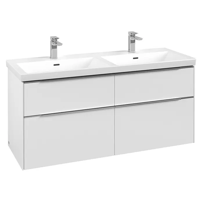 Villeroy & Boch Subway 3.0 Waschbeckenunterschrank - Pure White, Anzahl Schubladen: 4 Stk., Farbe Griff: Aluminium glänzend, B x T x H: 127,2 x 47,8 x 57,6 cm, Geeignet für Doppelwaschtisch, Geeignet für Doppelwaschtisch - Weißer Doppelwaschtisch mit zwei integrierten Becken, zwei Chromarmaturen und vier Schubladen mit Chromgriffen.