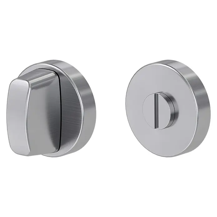 Diamond Doors Schlüsselschild - Durchmesser Rosette: 51 mm, Schlitzkopf/Olive, Edelstahl matt - Silbernes, gebürstetes Metall Drehknopf- und Notentriegelungsschloss für Türen, beide Seiten zeigend.
