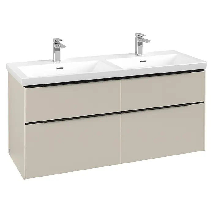 Villeroy & Boch Subway 3.0 Waschbeckenunterschrank - Cashmere Grey, Anzahl Schubladen: 4 Stk., Farbe Griff: Volcano Black, B x T x H: 127,2 x 47,8 x 57,6 cm, Mit Beleuchtung, Geeignet für Doppelwaschtisch - Doppelwaschtischunterschrank mit zwei weißen Keramikbecken, Chromarmaturen und einem hellbeigen Schrank mit schwarzen Griffen.