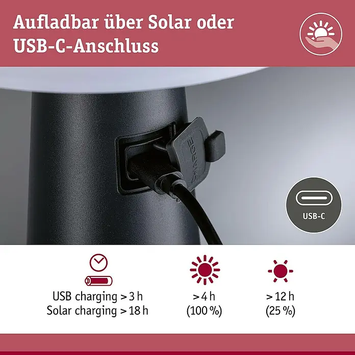 Paulmann Solar-Tischleuchte Ilanga - 32 W, Weiß/ Anthrazit, IP44 - Schwarzes Gerät wird über USB-C-Kabel geladen, mit Solar-/USB-C-Ladeoptionen und Akkulaufzeiten bis zu 12h.