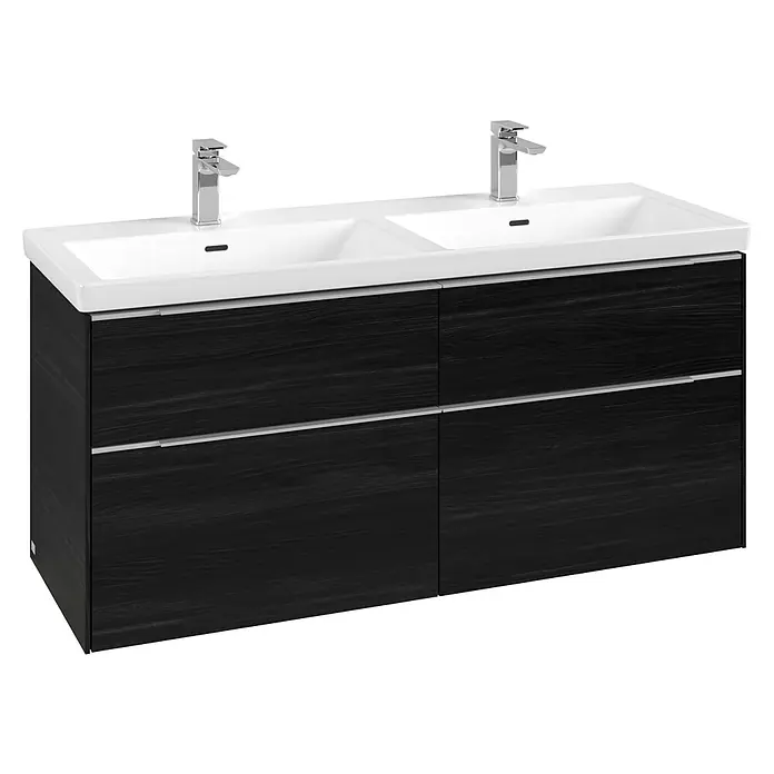 Villeroy & Boch Subway 3.0 Waschbeckenunterschrank - Black Oak, Anzahl Schubladen: 4 Stk., Farbe Griff: Aluminium glänzend, B x T x H: 127,2 x 47,8 x 57,6 cm, Mit Beleuchtung, Geeignet für Doppelwaschtisch - Dunkler Doppelwaschtischunterschrank aus Holz mit zwei weißen Keramikbecken, zwei Chromarmaturen und vier Schubladen.