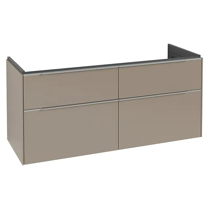 Villeroy & Boch Subway 3.0 Waschbeckenunterschrank - Taupe, Anzahl Schubladen: 4 Stk., Farbe Griff: Aluminium glänzend, B x T x H: 127,2 x 47,8 x 57,6 cm, Mit Beleuchtung, Geeignet für Doppelwaschtisch - Hellbrauner wandmontierter Badezimmerschrank mit vier Schubladen und horizontalen silbernen Griffen.