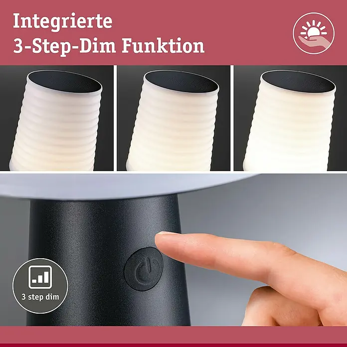 Paulmann Solar-Tischleuchte Ilanga - 32 W, Weiß/ Anthrazit, IP44 - Schwarze Tischlampe mit weißem gerippten Schirm zeigt 3-Stufen-Dimmfunktion. Ein Finger drückt den Ein-/Ausschalter.