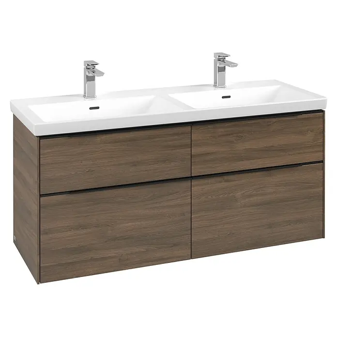 Villeroy & Boch Subway 3.0 Waschbeckenunterschrank - Arizona Oak, Anzahl Schubladen: 4 Stk., Farbe Griff: Volcano Black, B x T x H: 127,2 x 47,8 x 57,6 cm, Geeignet für Doppelwaschtisch - Moderner Doppelwaschtisch mit weißem Keramikbecken und dunklem Holzschrank mit vier Schubladen, inkl. zwei Chromarmaturen.