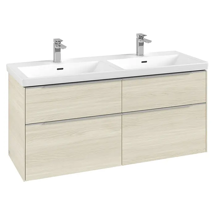 Villeroy & Boch Subway 3.0 Waschbeckenunterschrank - White Oak, Anzahl Schubladen: 4 Stk., Farbe Griff: Aluminium glänzend, B x T x H: 127,2 x 47,8 x 57,6 cm, Mit Beleuchtung, Geeignet für Doppelwaschtisch - Doppelwaschtischunterschrank aus hellem Holz mit weißen Keramikbecken, Chromarmaturen und vier Schubladen.