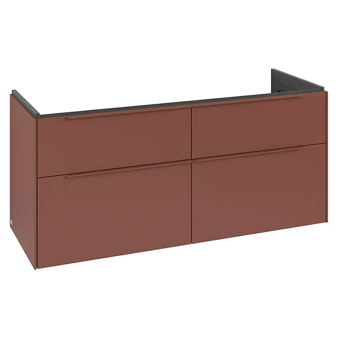 Villeroy & Boch Subway 3.0 Waschbeckenunterschrank - Wine Red, Anzahl Schubladen: 4 Stk., Farbe Griff: Monochrom, B x T x H: 127,2 x 47,8 x 57,6 cm, Mit Beleuchtung, Geeignet für Doppelwaschtisch - Dunkel rotbrauner wandhängender Schrank mit vier Schubladen und dunkelgrauer Oberseite.