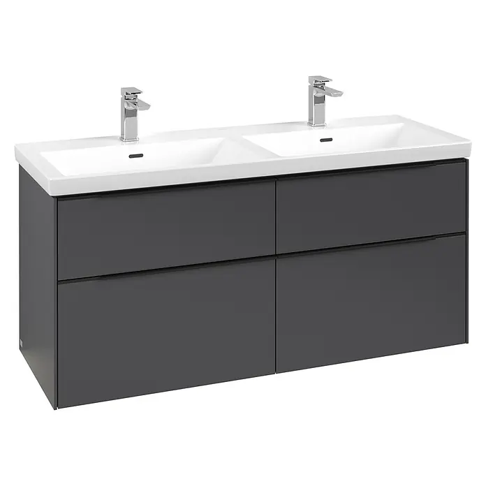 Villeroy & Boch Subway 3.0 Waschbeckenunterschrank - Graphite, Anzahl Schubladen: 4 Stk., Farbe Griff: Volcano Black, B x T x H: 127,2 x 47,8 x 57,6 cm, Mit Beleuchtung, Geeignet für Doppelwaschtisch - Grauer Doppelwaschtischunterschrank mit weißen Keramikbecken und Chromarmaturen, mit vier Schubladen.
