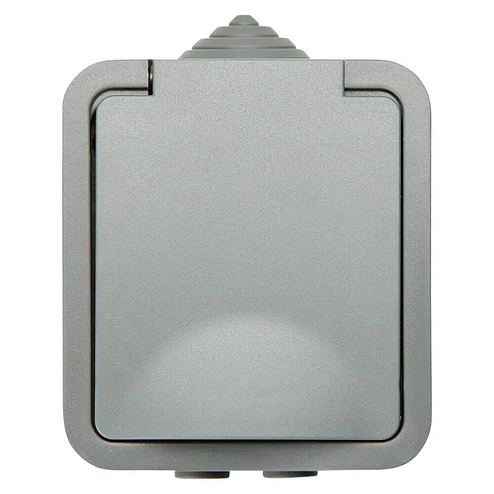 Voltomat Blueline Feuchtraum-Steckdose - 1-fach, Horizontal, IP54, Grau - Ein silberner Bodentank mit geschlossenem Deckel, ideal für Steckdosen oder Netzwerkanschlüsse im Bodenbereich.