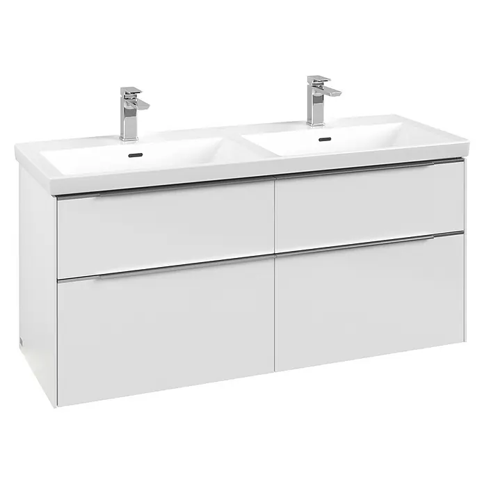 Villeroy & Boch Subway 3.0 Waschbeckenunterschrank - Brilliant White, Anzahl Schubladen: 4 Stk., Farbe Griff: Aluminium glänzend, B x T x H: 127,2 x 47,8 x 57,6 cm, Mit Beleuchtung, Geeignet für Doppelwaschtisch - Weißer Doppelwaschtischunterschrank mit zwei integrierten Waschbecken, Chromarmaturen und vier Schubladen.