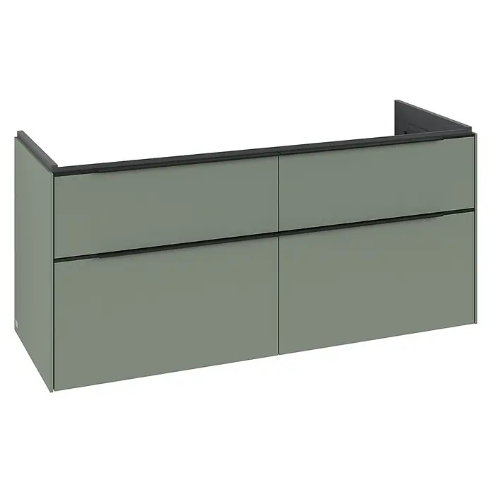 Villeroy & Boch Subway 3.0 Waschbeckenunterschrank - Soft Green, Anzahl Schubladen: 4 Stk., Farbe Griff: Volcano Black, B x T x H: 127,2 x 47,8 x 57,6 cm, Geeignet für Doppelwaschtisch - Graugrüner Wandschrank mit vier Schubladen und schwarzen integrierten Griffen.
