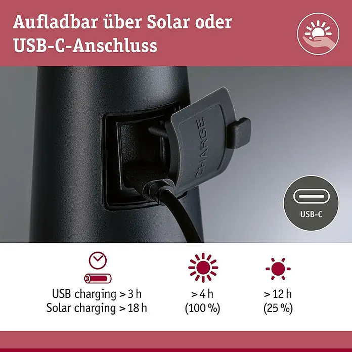 Paulmann Solar-Tischleuchte Soala - 32 W, Schwarz, IP44 - Schwarzes Gerät mit USB-C-Anschluss wird geladen. Symbole zeigen Ladezeiten (Solar/USB) und Leuchtdauer bei 100% und 25% Helligkeit.
