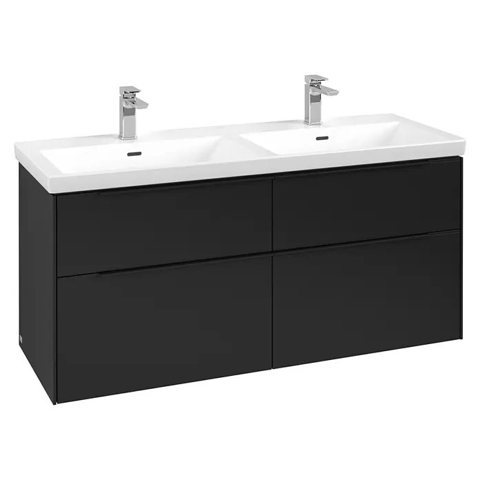 Villeroy & Boch Subway 3.0 Waschbeckenunterschrank - Volcano Black, Anzahl Schubladen: 4 Stk., Farbe Griff: Volcano Black, B x T x H: 127,2 x 47,8 x 57,6 cm, Geeignet für Doppelwaschtisch - Schwarzer Doppelwaschtischunterschrank mit zwei weißen Keramikwaschbecken und Chromarmaturen.