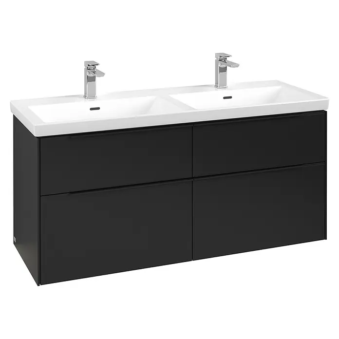 Villeroy & Boch Subway 3.0 Waschbeckenunterschrank - Volcano Black, Anzahl Schubladen: 4 Stk., Farbe Griff: Volcano Black, B x T x H: 127,2 x 47,8 x 57,6 cm, Mit Beleuchtung, Geeignet für Doppelwaschtisch - Moderner schwarzer Doppelwaschtisch mit zwei weißen Waschbecken und Chromarmaturen.