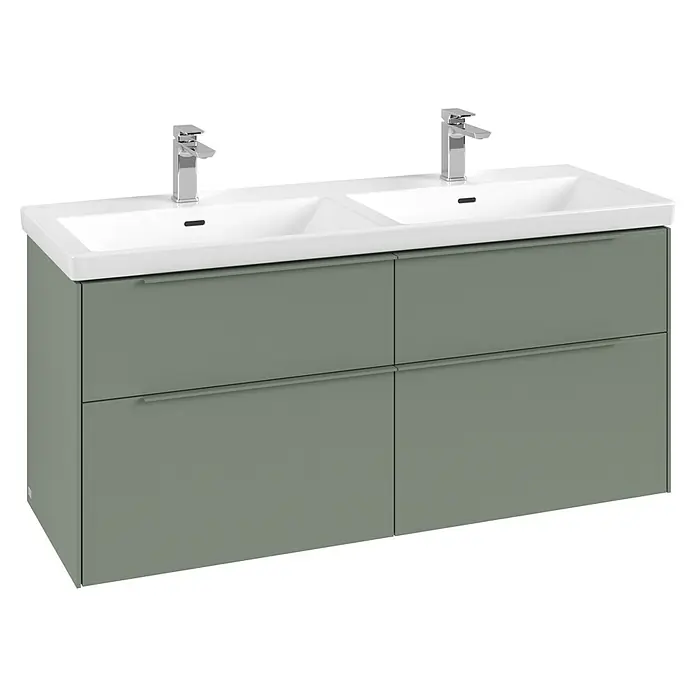 Villeroy & Boch Subway 3.0 Waschbeckenunterschrank - Soft Green, Anzahl Schubladen: 4 Stk., Farbe Griff: Monochrom, B x T x H: 127,2 x 47,8 x 57,6 cm, Geeignet für Doppelwaschtisch - Doppelter Badwaschtisch mit zwei weißen Keramikbecken und Chromarmaturen, auf einem salbeigrünen Schrank mit vier Schubladen.