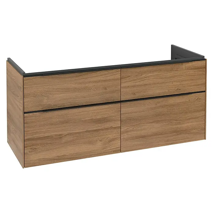 Villeroy & Boch Subway 3.0 Waschbeckenunterschrank - Kansas Oak, Anzahl Schubladen: 4 Stk., Farbe Griff: Volcano Black, B x T x H: 127,2 x 47,8 x 57,6 cm, Mit Beleuchtung, Geeignet für Doppelwaschtisch - Wandhängender Schrank in Eichenoptik mit vier Schubladen, dunkelgrauen Griffen und Leiste.