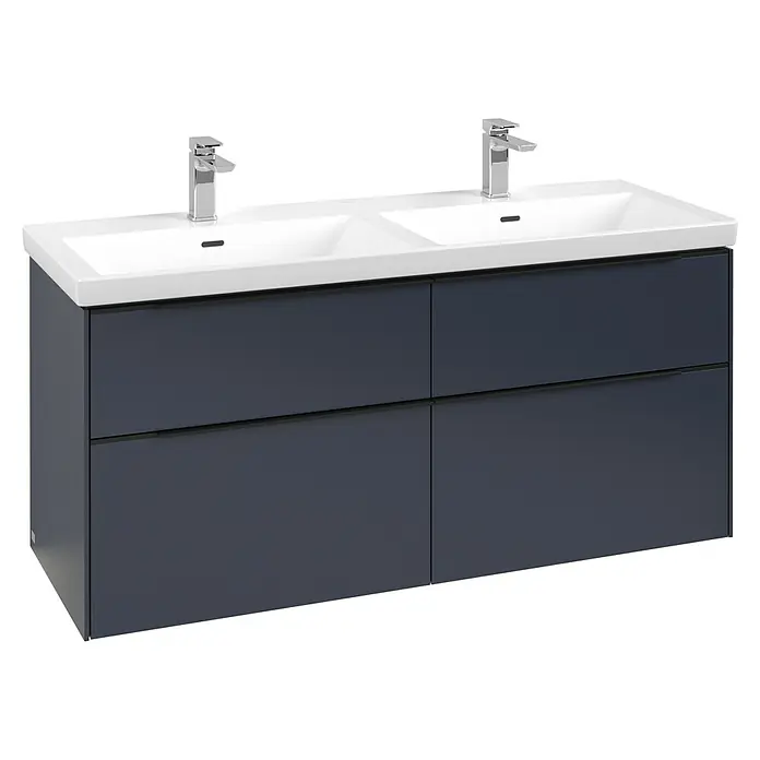 Villeroy & Boch Subway 3.0 Waschbeckenunterschrank - Marine Blue, Anzahl Schubladen: 4 Stk., Farbe Griff: Volcano Black, B x T x H: 127,2 x 47,8 x 57,6 cm, Mit Beleuchtung, Geeignet für Doppelwaschtisch - Dunkelgrauer Doppelwaschtisch mit zwei Waschbecken und vier Schubladen.