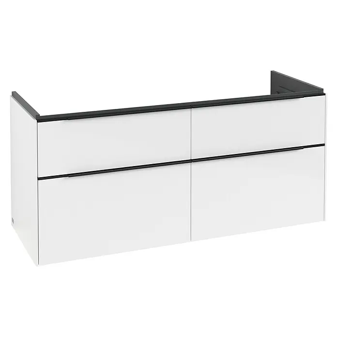 Villeroy & Boch Subway 3.0 Waschbeckenunterschrank - Brilliant White, Anzahl Schubladen: 4 Stk., Farbe Griff: Volcano Black, B x T x H: 127,2 x 47,8 x 57,6 cm, Mit Beleuchtung, Geeignet für Doppelwaschtisch - Weißer Hängeschrank mit schwarzen Griffleisten.