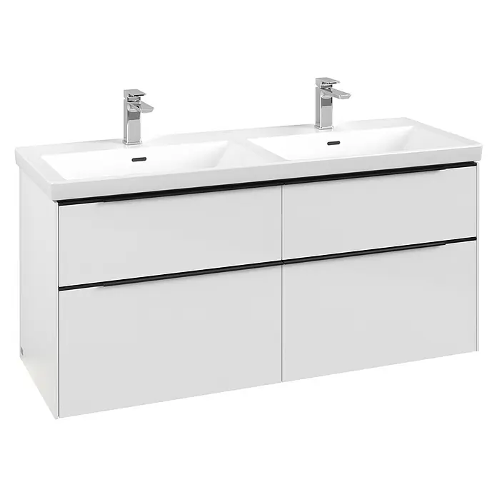 Villeroy & Boch Subway 3.0 Waschbeckenunterschrank - Brilliant White, Anzahl Schubladen: 4 Stk., Farbe Griff: Volcano Black, B x T x H: 127,2 x 47,8 x 57,6 cm, Mit Beleuchtung, Geeignet für Doppelwaschtisch - Weißer Doppelwaschtisch mit zwei integrierten Becken, zwei Chromarmaturen und vier Schubladen mit schwarzen Griffen.