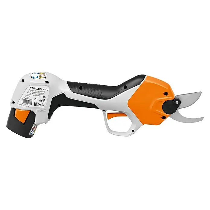 Stihl AS Akku-Astschere ASA 20 - 10,8 V, Ohne Akku, Max. Aststärke: 25 mm - Das Bild zeigt eine STIHL ASA 20.0 Akku-Baumschere in Weiß und Orange. Sie ist ein Werkzeug zum Beschneiden von Ästen.