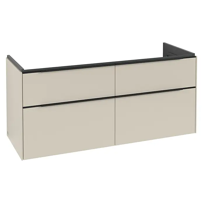 Villeroy & Boch Subway 3.0 Waschbeckenunterschrank - Cashmere Grey, Anzahl Schubladen: 4 Stk., Farbe Griff: Volcano Black, B x T x H: 127,2 x 47,8 x 57,6 cm, Mit Beleuchtung, Geeignet für Doppelwaschtisch - Beigefarbener wandhängender Waschtischunterschrank mit vier Schubladen und schwarzen Griffleisten.