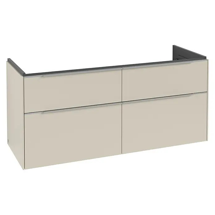 Villeroy & Boch Subway 3.0 Waschbeckenunterschrank - Cashmere Grey, Anzahl Schubladen: 4 Stk., Farbe Griff: Aluminium glänzend, B x T x H: 127,2 x 47,8 x 57,6 cm, Mit Beleuchtung, Geeignet für Doppelwaschtisch - Beige wandhängender Schrank mit vier Schubladen und integrierten silbernen Griffen.