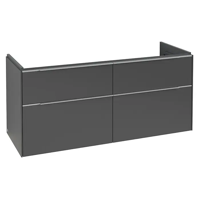 Villeroy & Boch Subway 3.0 Waschbeckenunterschrank - Graphite, Anzahl Schubladen: 4 Stk., Farbe Griff: Aluminium glänzend, B x T x H: 127,2 x 47,8 x 57,6 cm, Mit Beleuchtung, Geeignet für Doppelwaschtisch - Dunkelgrauer wandmontierter Schrank mit vier Schubladen und integrierten silbernen Griffen.