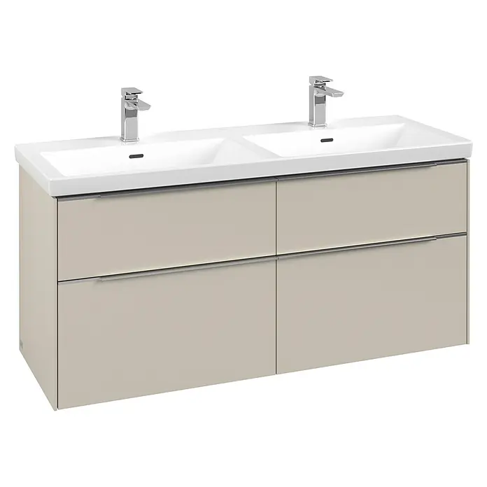 Villeroy & Boch Subway 3.0 Waschbeckenunterschrank - Cashmere Grey, Anzahl Schubladen: 4 Stk., Farbe Griff: Aluminium glänzend, B x T x H: 127,2 x 47,8 x 57,6 cm, Geeignet für Doppelwaschtisch - Beige Doppelwaschtischanlage mit zwei integrierten weißen Becken, Chromarmaturen und vier Schubladen mit eleganten Silbergriffen.