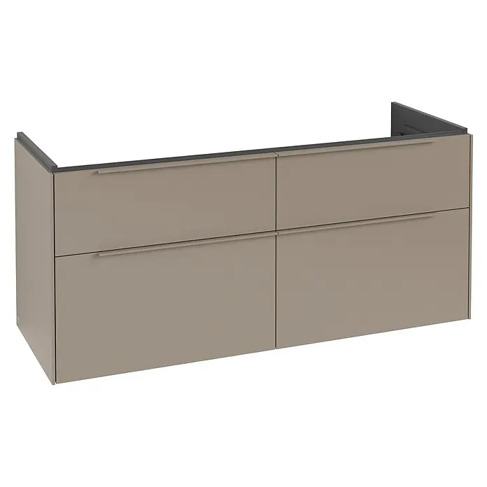 Villeroy & Boch Subway 3.0 Waschbeckenunterschrank - Taupe, Anzahl Schubladen: 4 Stk., Farbe Griff: Monochrom, B x T x H: 127,2 x 47,8 x 57,6 cm, Mit Beleuchtung, Geeignet für Doppelwaschtisch - Modernes beiges Hängeschrank mit vier Schubladen und integrierten Griffen, mit dunkler grauer Platte.
