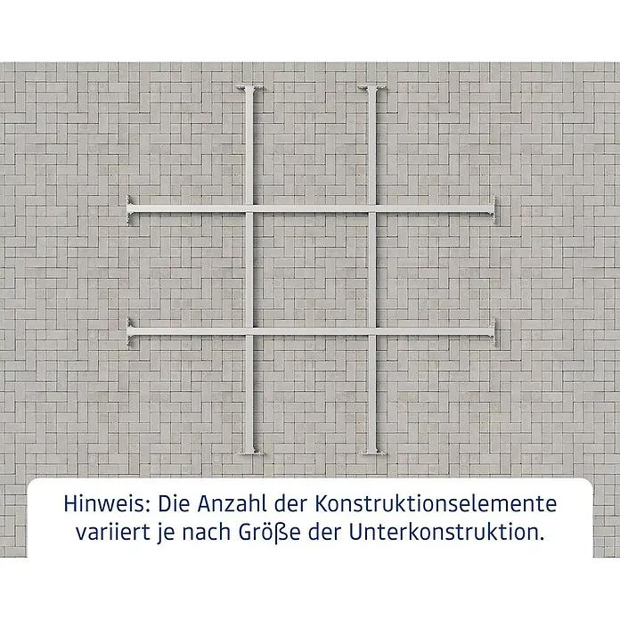 EcoStar Unterkonstruktion - B x L: 201 x 4 cm, Passend für: EcoStar Gerätehaus Euroline Trend ESD5, EFD5 & PD5 - Bild einer Unterkonstruktion für Paneele an einer Wand. Hinweis: Die Anzahl der Elemente variiert je nach Größe der Unterkonstruktion.
