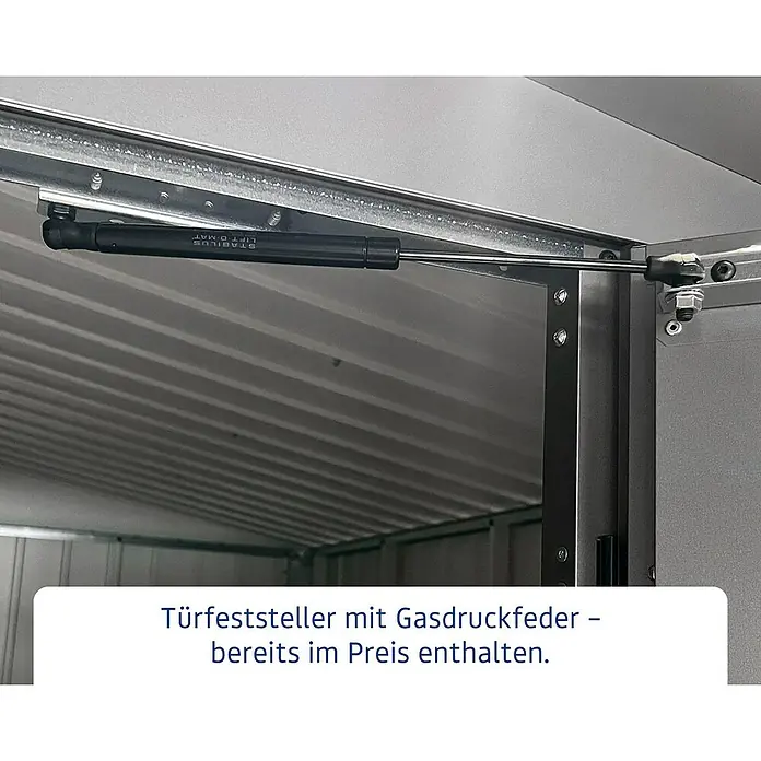 EcoStar Gerätehaus Euroline Trend ESD3 - Außenbreite inkl. Dachüberstand: 237 cm, Außentiefe inkl. Dachüberstand: 134 cm, Stahl, Graualuminium, Doppeltür - Bild eines Türfeststellers mit Gasdruckfeder.