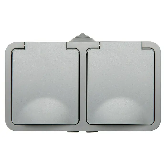 Voltomat Blueline Enchufe para estancias con humedad - x 2, Horizontal, IP54, Gris - Caja de suelo doble para instalaciones eléctricas, robusta y discreta, ideal para oficinas y espacios habitables modernos. Integración óptima para flexibilidad.