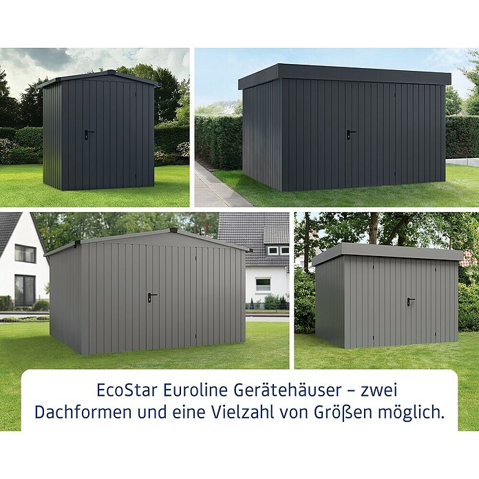 EcoStar Gerätehaus Euroline Trend EFD6 (Außenbreite inkl. Dachüberstand: 237 cm, Außentiefe inkl. Dachüberstand: 278 cm, Stahl, Anthrazitgrau, Doppeltür) | BAUHAUS