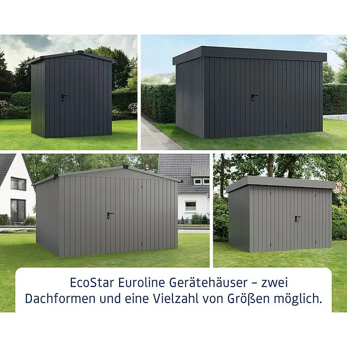 EcoStar Gerätehaus Euroline Trend EFD7 - Außenbreite inkl. Dachüberstand: 237 cm, Außentiefe inkl. Dachüberstand: 325 cm, Stahl, Anthrazitgrau, Einzeltür - Verschiedene EcoStar Euroline Gerätehäuser mit unterschiedlichen Dachformen und Größen.