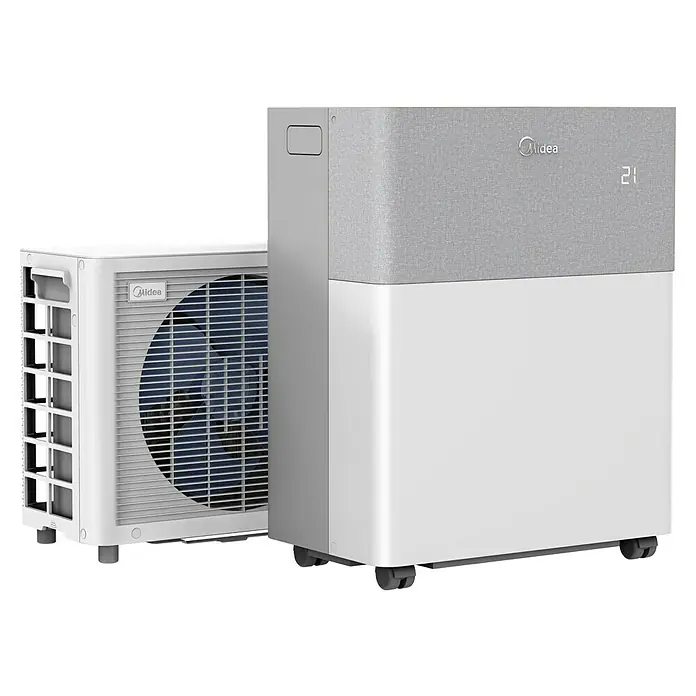 Midea Klimasplitgerät PortaSplit Cool 8.000 Btu - Kühlleistung: 2.300 W, Raumgröße: 28 m² - Zwei Midea Klimaanlagen: eine weiße und graue tragbare Inneneinheit mit Stoffoberfläche und eine Außeneinheit mit sichtbarem Ventilator.