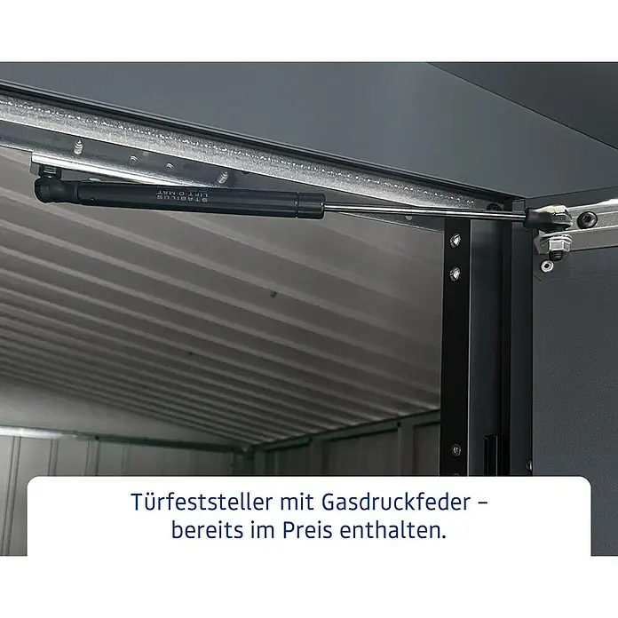 EcoStar Gerätehaus Euroline Trend EFD7 - Außenbreite inkl. Dachüberstand: 237 cm, Außentiefe inkl. Dachüberstand: 325 cm, Stahl, Anthrazitgrau, Einzeltür - Schwarzer Türfeststeller mit Gasdruckfeder und silberner Stange, an Metallstruktur montiert.