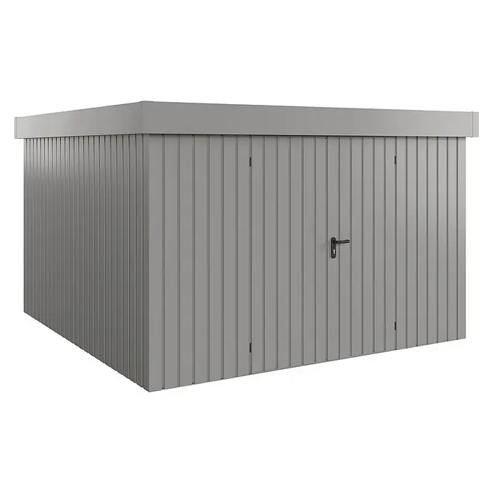 EcoStar Gerätehaus Euroline Trend EFD14 - Außenbreite inkl. Dachüberstand: 333 cm, Außentiefe inkl. Dachüberstand: 325 cm, Stahl, Graualuminium, Doppeltür - Graue modulare Metallgarage mit vertikalen Paneelen und dunklem Türgriff.