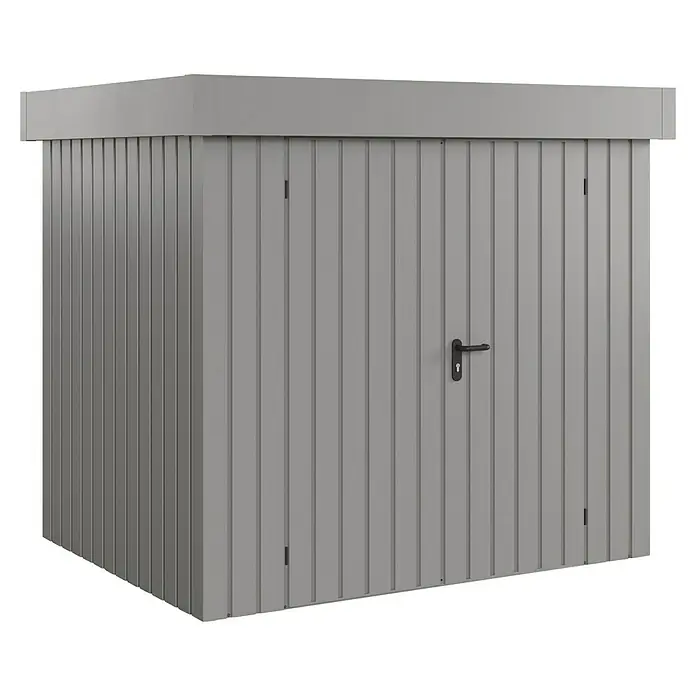 EcoStar Gerätehaus Euroline Trend EFD4 - Außenbreite inkl. Dachüberstand: 237 cm, Außentiefe inkl. Dachüberstand: 181 cm, Stahl, Graualuminium, Doppeltür - Grauer Metall-Gartenschuppen mit vertikalen Lamellen und einer Tür.