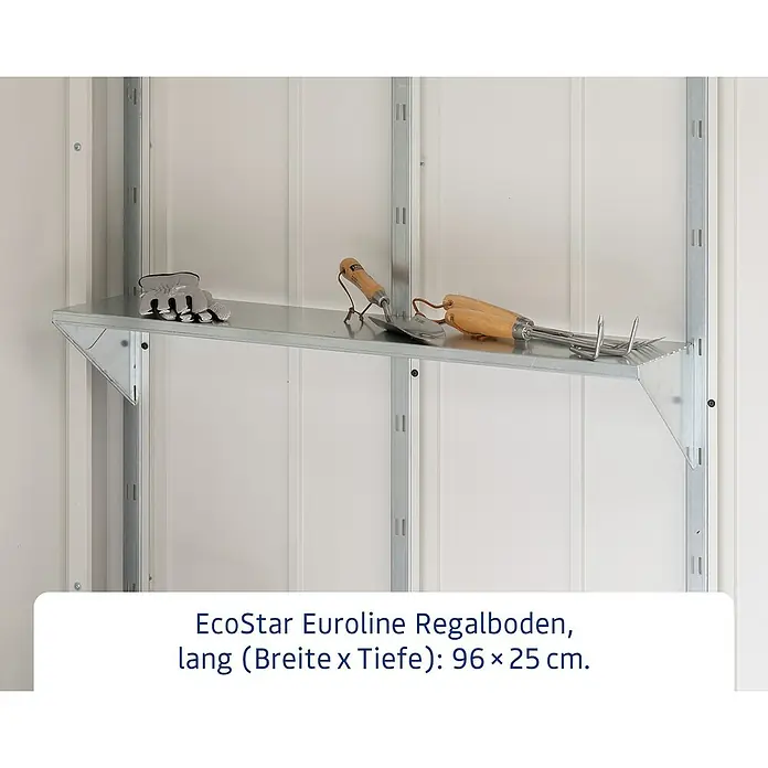 EcoStar Regalboden 960 - Breite: 147 cm, Passend für: EcoStar Gerätehaus Euroline Trend - Regalboden aus verzinktem Stahl in einem Geräteschuppen, mit Gartengeräten.