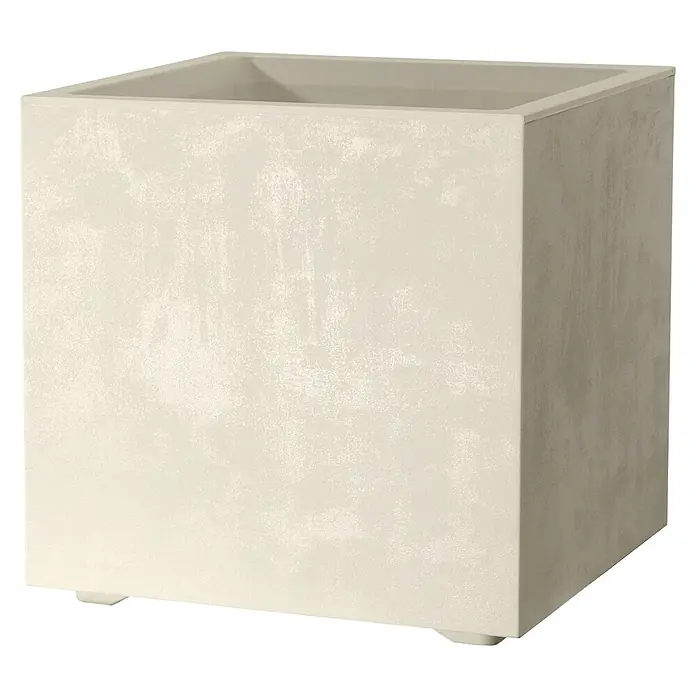 Deroma Millennium Maceta para planta - 39 x 39 x 39 cm, Plástico, Perla - Primer plano de una jardinera cuadrada beige con textura rugosa, ideal para uso interior o exterior.