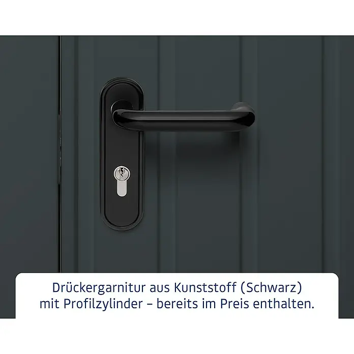 EcoStar Gerätehaus Euroline Trend EFD7 - Außenbreite inkl. Dachüberstand: 237 cm, Außentiefe inkl. Dachüberstand: 325 cm, Stahl, Anthrazitgrau, Einzeltür - Schwarze Kunststoff-Drückergarnitur mit Profilzylinder.