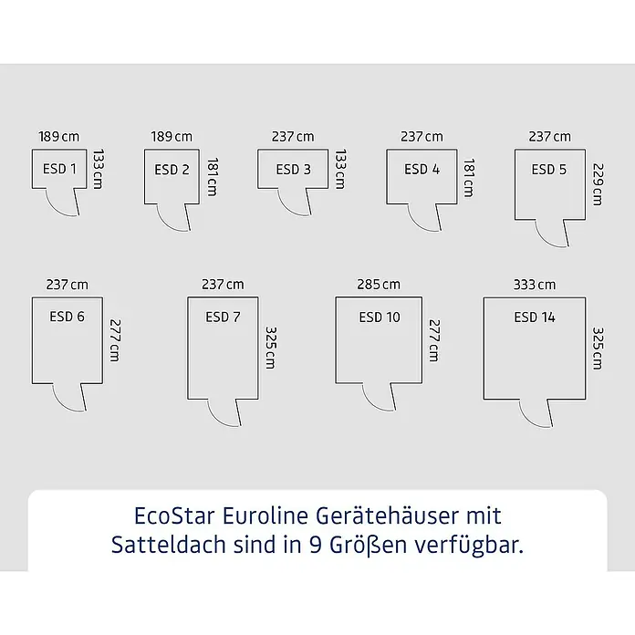 EcoStar Gerätehaus Euroline Trend ESD3 - Außenbreite inkl. Dachüberstand: 237 cm, Außentiefe inkl. Dachüberstand: 134 cm, Stahl, Graualuminium, Doppeltür - Grundrisse der EcoStar Euroline Gerätehäuser mit Satteldach in 9 Größen.