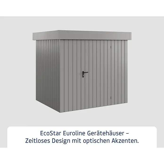 EcoStar Gerätehaus Euroline Trend EFD4 - Außenbreite inkl. Dachüberstand: 237 cm, Außentiefe inkl. Dachüberstand: 181 cm, Stahl, Graualuminium, Einzeltür - Graues Metall-Gerätehaus mit Flachdach, Doppeltür und schwarzem Griff. Vertikale Paneele.