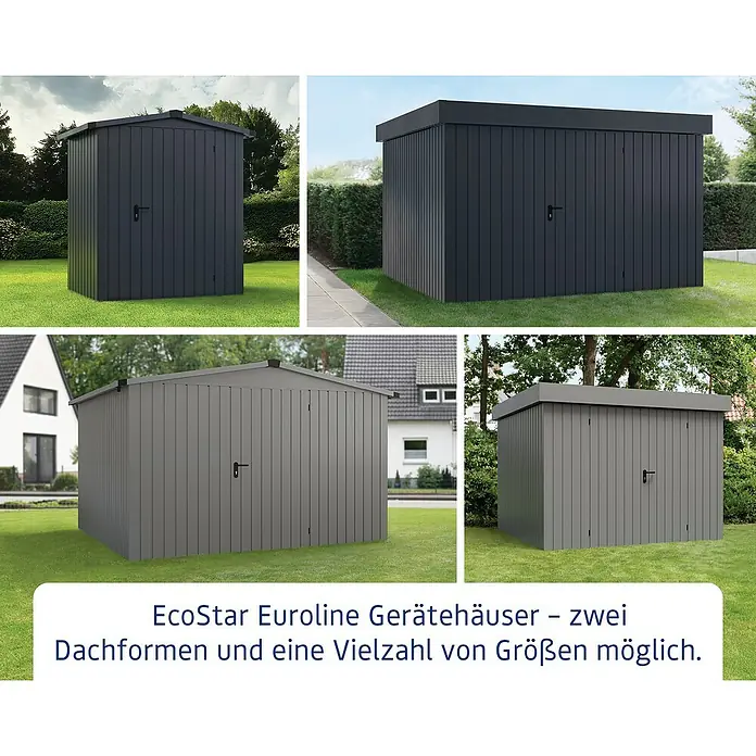 EcoStar Unterkonstruktion - B x L: 201 x 4 cm, Passend für: EcoStar Gerätehaus Euroline Trend ESD5, EFD5 & PD5 - Abbildung von EcoStar Eurolin Gerätehäusern mit verschiedenen Dachformen und Größenoptionen.