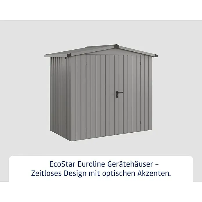 EcoStar Gerätehaus Euroline Trend ESD3 - Außenbreite inkl. Dachüberstand: 237 cm, Außentiefe inkl. Dachüberstand: 134 cm, Stahl, Graualuminium, Doppeltür - Graues Metall-Gartenhaus mit Giebeldach und Doppeltüren.