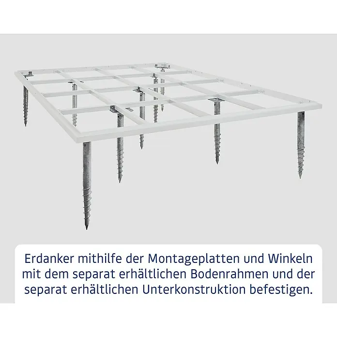 EcoStar Schraubfundament - L x B x H: 6 x 66 x 6 cm, Stahl, Passend für: EcoStar Gerätehaus Euroline Trend ESD6, 7, 10 , 14/ EFD6, 7, 10, 14 - Weißer Metallrahmen mit Erdschrauben, mit Montageplatten und Winkeln befestigt, als Unterkonstruktionsbasis.