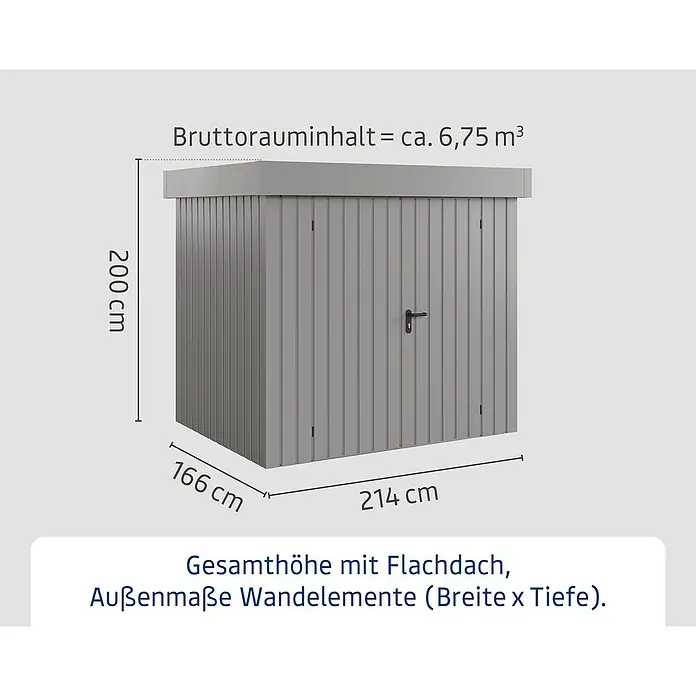 EcoStar Gerätehaus Euroline Trend EFD4 - Außenbreite inkl. Dachüberstand: 237 cm, Außentiefe inkl. Dachüberstand: 181 cm, Stahl, Graualuminium, Doppeltür - Grau, geriffeltes Gartenhaus mit Flachdach. Außenmaße: 214 x 166 x 200 cm (B x T x H), Bruttorauminhalt ca. 6,75 m³.