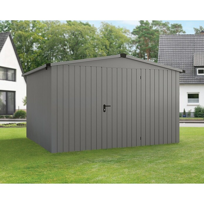 EcoStar Gerätehaus Euroline Trend ESD14 (Außenbreite inkl. Dachüberstand: 333 cm, Außentiefe inkl. Dachüberstand: 325 cm, Stahl, Graualuminium, Einzeltür) | BAUHAUS
