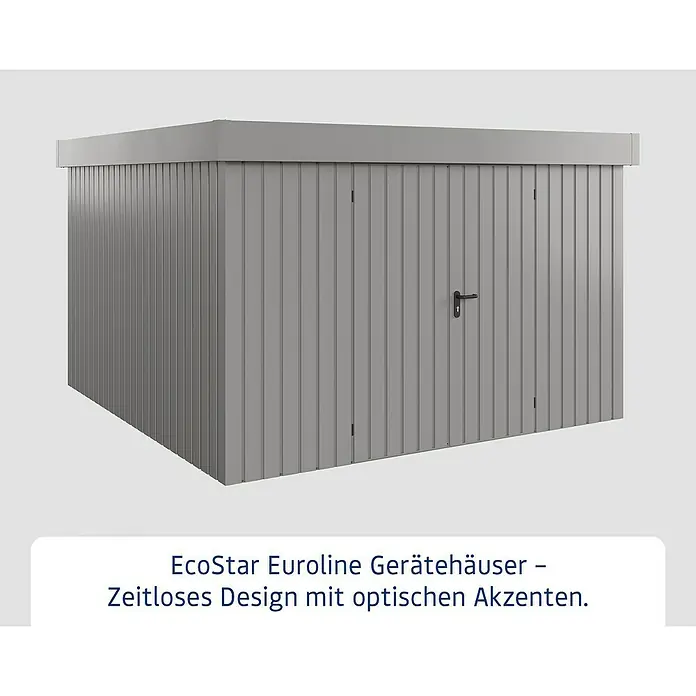 EcoStar Gerätehaus Euroline Trend EFD14 - Außenbreite inkl. Dachüberstand: 333 cm, Außentiefe inkl. Dachüberstand: 325 cm, Stahl, Graualuminium, Doppeltür - Graues Gartenhaus aus Wellblech mit Flachdach und schwarzem Türgriff. Zeitloses, modernes Design.