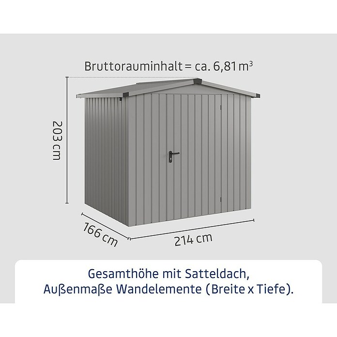 EcoStar Gerätehaus Euroline Trend ESD4 (Außenbreite inkl. Dachüberstand: 237 cm, Außentiefe inkl. Dachüberstand: 181 cm, Stahl, Graualuminium, Einzeltür) | BAUHAUS